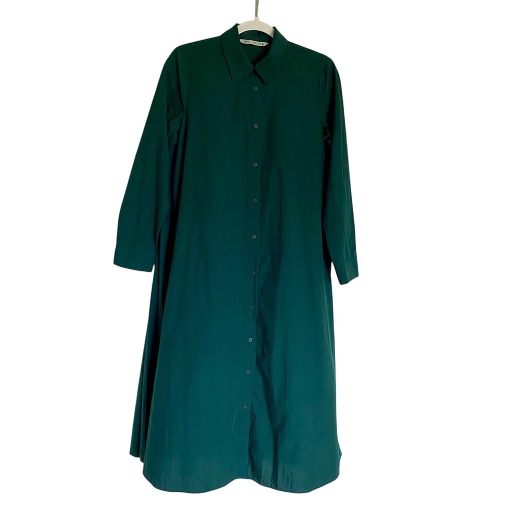 Zara Utility Pleated Minimal Lagenlook Long Sleeve Button Down Midi Shirt Dress